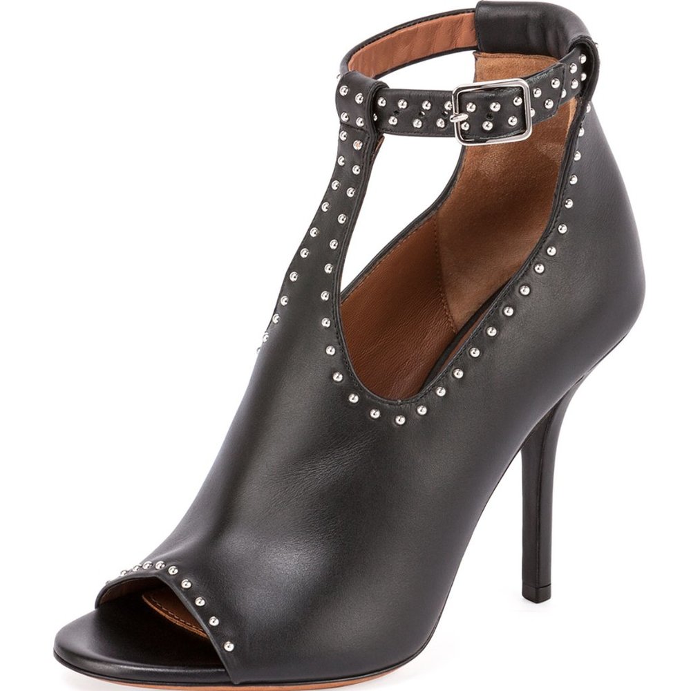 GIVENCHY Black Leather Studded Cut Out Peep Toe Bootie
